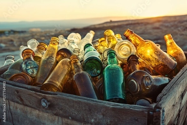 Fototapeta Used glass jars and bottles collected for recycling at sunset Generative AI