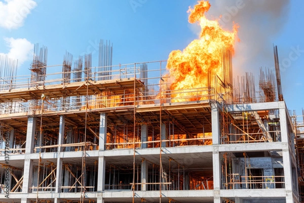 Fototapeta Gas explosion causes chaos at construction site leaving workers in panic and damage to the building structure