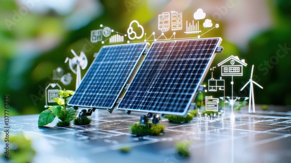 Fototapeta Solar panels with digital icons representing renewable energy and sustainability concepts. image features greenery and blurred natural background, symbolizing eco friendly technology