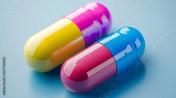Fototapeta Two pills, one blue and one pink, are sitting on a table