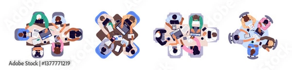Fototapeta People at the table top view set. Employees sit at desks in meeting. Students study together. Team of office workers communicates, teamwork at negotiation. Flat isolated vector illustrations on white