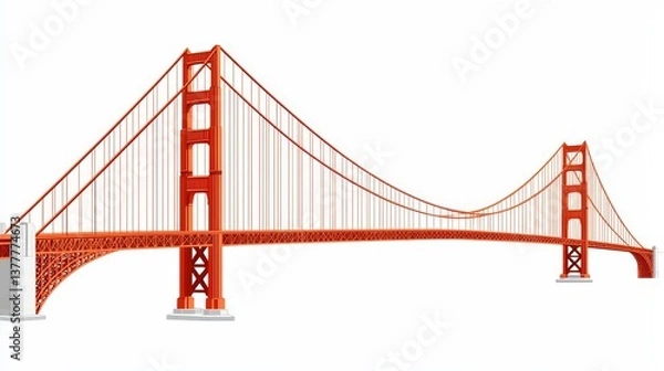 Obraz A minimalist flat design illustration of the Golden Gate Bridge, featuring its suspension cables and iconic orange color. Rendered in a vector style with clean lines and minimal shading, it maintains
