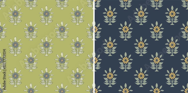 Fototapeta Mughal Rose Abstract Ajrakh Block Print Vector Repeat Pattern