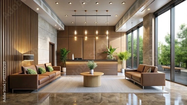 Fototapeta Minimalist Reception Area Design | Mocha Mousse Trend 2025 | Warm Tones Interior Architecture Photography