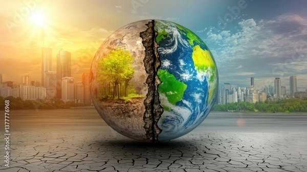 Obraz A conceptual digital artwork depicting the Earth split in half with one side showing a lush green landscape and the other a dry barren landscape