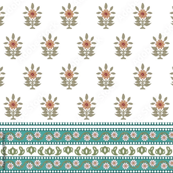 Fototapeta Ajrakh Daisy with Green Leaves with Bale and Geometrical Border Vector Traditional Pattern