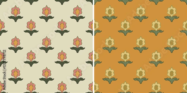 Fototapeta Traditional Tulip Ajrakh Block Print Vector Repeat Pattern 