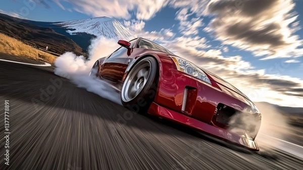 Obraz Drifting through Japanese mountains at sunset with a polished stock 350z near Mt Fuji, showcasing tire smoke and racing energy