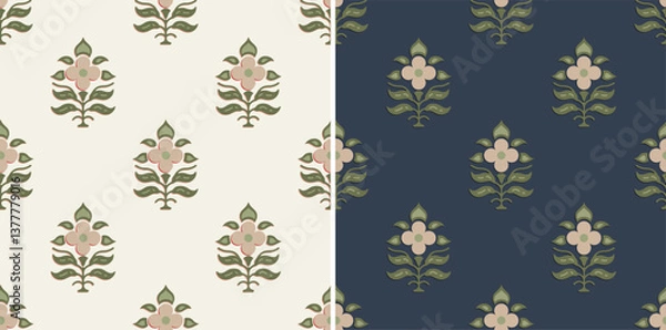 Fototapeta Floral Ajrakh Block Print Repeat Vector Pattern 