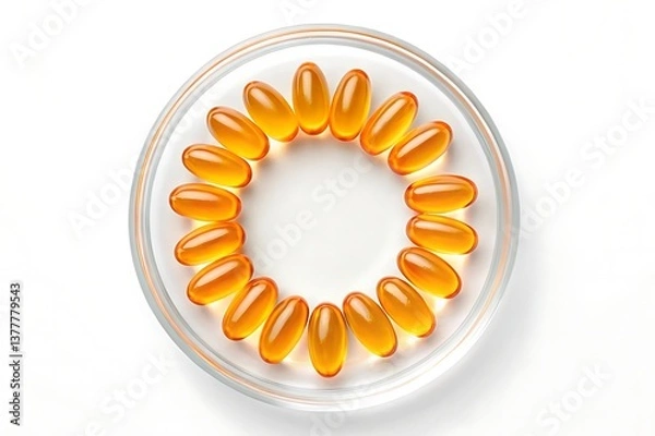 Obraz A radiant circle of amber capsules symbolizing health and vitality in a clear glass dish with bright, even lighting.