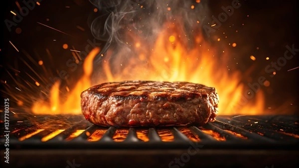 Obraz A juicy burger sizzles on a fiery grill, flames dancing and sparks flying, creating a mouthwatering spectacle of summer grilling.