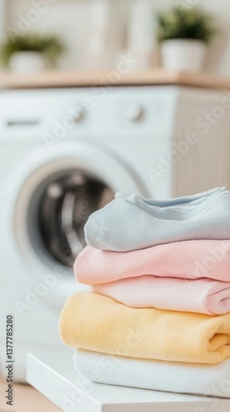 Fototapeta Washing machine in a bright laundry room with neatly stacked colorful towels after a refreshing laundry session