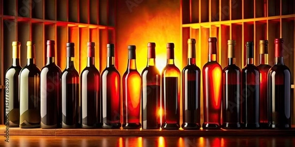 Fototapeta Silhouette Photography: Spanish Red Wine Store Shelf Display - Rioja, Ribera del Duero, Tempranillo, Garnacha