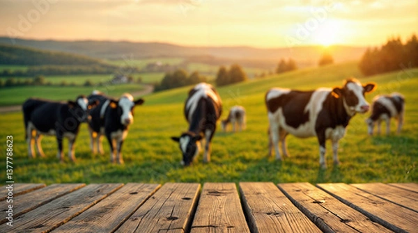 Fototapeta Empty wooden table with dairy field background, advertising, product mockup