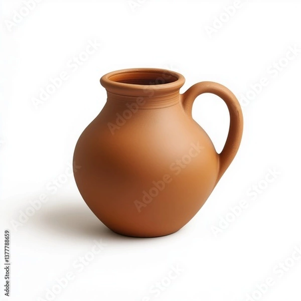 Fototapeta Traditional terracotta clay jug with round body and handle on white background