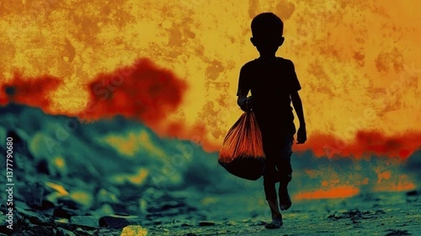 Fototapeta Generative AI of a poor child carrying a bag, image representing child labor.