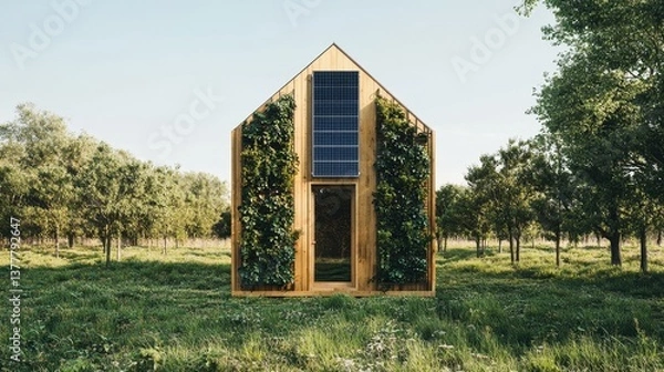 Obraz Embracing sustainability with a beautiful eco cabin featuring lush vertical gardens and solar panels under a serene sky