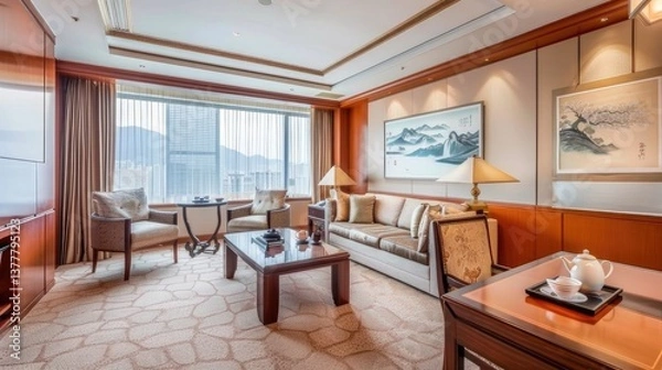 Fototapeta Modern Chinese-style living room, floor-to-ceiling windows with sheer curtains