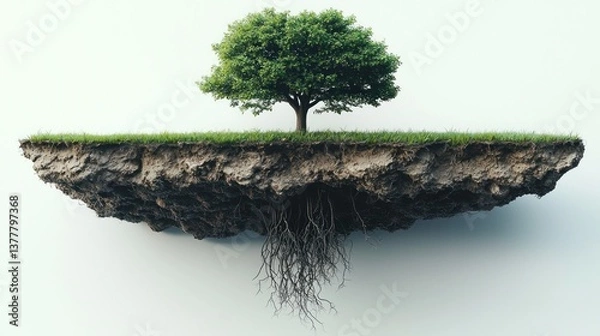 Obraz Green tree growing on floating chunk of earth with visible roots and grass against light background in surreal style Generative AI