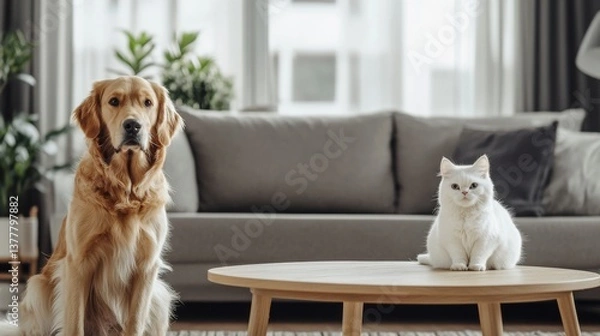 Fototapeta cute cat and golden retriever dog sitting on table at home