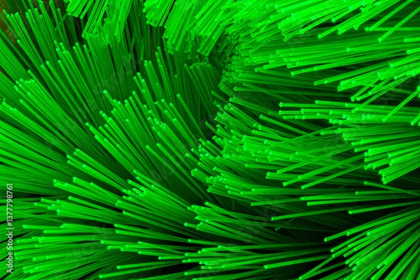 Fototapeta Bright and Abstract Fiber Optic Strands. Green Bristle in Close up. Neon Brush Bristles Macro Shot.