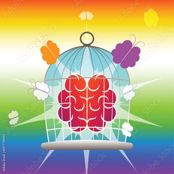 Obraz Surreal illustration of a brain in a birdcage, surrounded by colorful butterflies symbolizing creativity and freedom. A powerful concept encouraging you to free your brain and break mental barriers.