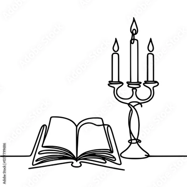 Fototapeta line drawing of an open book and candle holder on a transparent background    