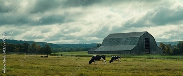 Fototapeta A pastoral scene of cows grazing peacefully on a farmland with a large rustic barn in the distance under a cloudy atmospheric sky