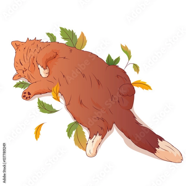Fototapeta Vector illustration of sleeping fluffy ginger cat lying surrounded by colorful autumn leaves isolated on white. Soft fur and relaxed pose create a cozy and warm mood. Use for postcard design, posters.