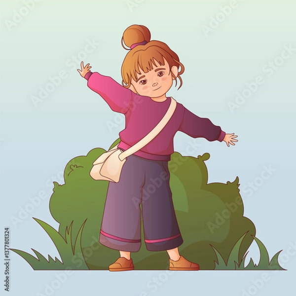 Fototapeta Vector illustration of a cute girl against a green bush background. The character has a relaxed pose, wearing a cozy sweater, wide pants. Perfect for design, children’s illustrations, card decoration.