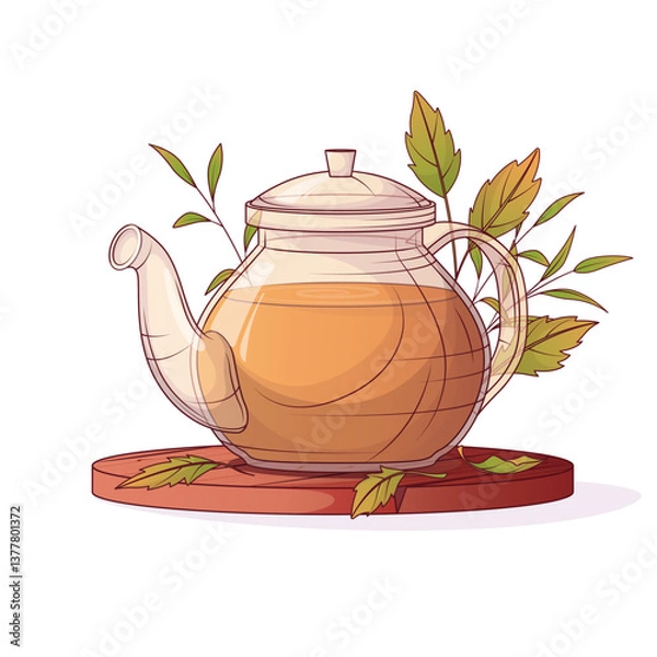 Fototapeta Vector illustration of teapot and leaves isolated on white. For poster, banner, cover, menu, advertising. Tea shop, cafe-bar, tea lover, beverages concept. 
