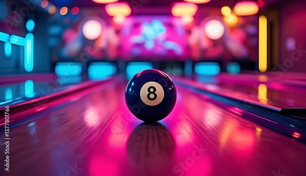 Fototapeta A colorful abstract scene with a bowling ball and billiard balls on a table, surrounded by blurred city lights, neon colors, and a vibrant party atmosphere