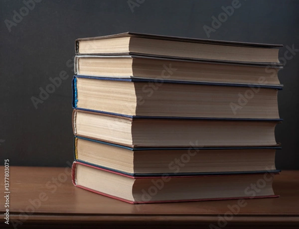 Fototapeta A stack of books on a green background, on a carved table. 