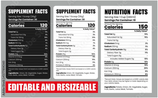 Fototapeta Nutrition facts database template design with vector, supplement facts, nutrition facts label, nutrition label, nutritional value, healthy food facts, nutrition information panel.