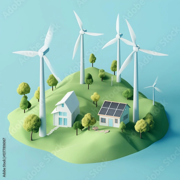 Fototapeta wind turbine and green energy on blue background
