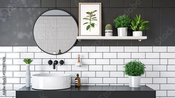 Fototapeta Modern black and white bathroom with round mirror, tiled wall, shelf with plants, and poster frame above sink. Minimalist style.