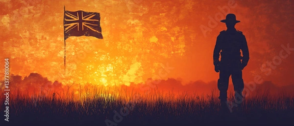 Obraz australian soldier silhouette on the astonishing sunset sky background; britain flag waving on the wind; 