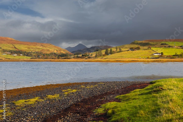 Fototapeta The Isle of Skye’s autumn landscapes blend golden moors, misty peaks, and rugged coastlines. A land of dramatic beauty, where nature’s wild spirit thrives.