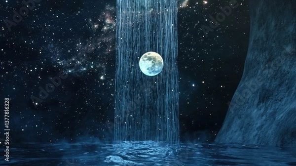 Fototapeta A secret dream chamber where water flows upward toward the moon, stars slowly turning around the fall