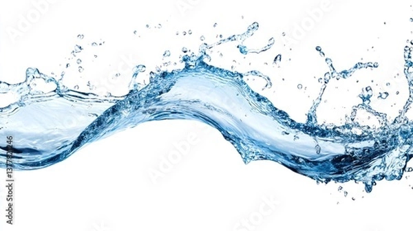 Fototapeta Water Splashing and Flowing with Droplets on a Clean White Background