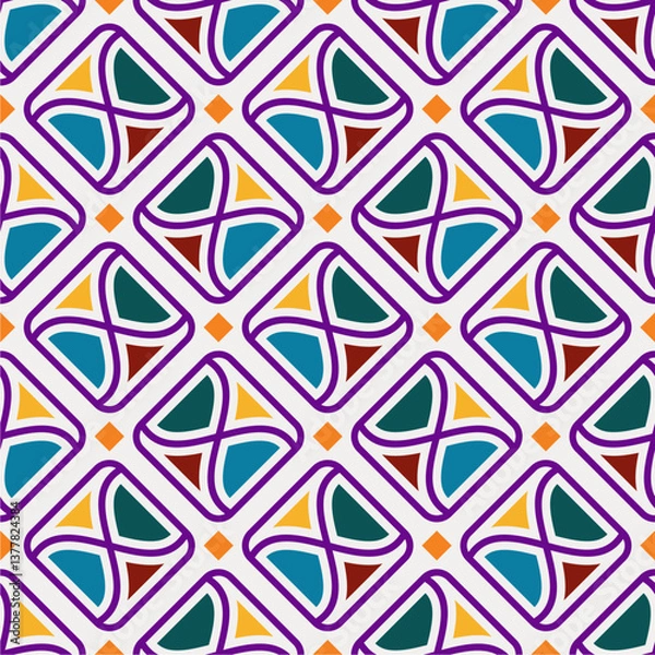 Obraz Vibrant Geometric Elegance A Seamless, Colorful Pattern with Artistic Symmetry, Inspired by Traditional and Modern Design Elements. Perfect for Home Décor, Fabric Prints, Digital Backgrounds, and Styl