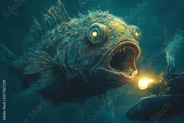 Obraz A terrifying giant fish confronts a submarine in deep ocean waters