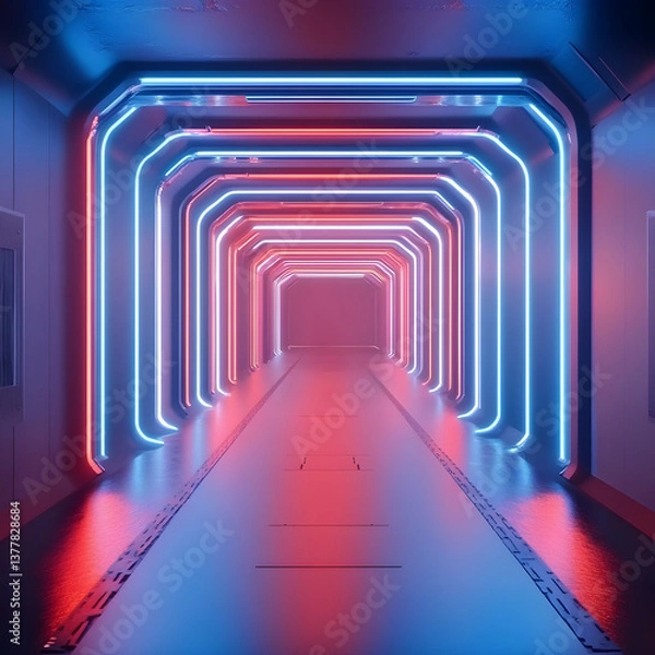 Fototapeta 3D render of an empty futuristic corridor with neon lights, in blue and red colors.