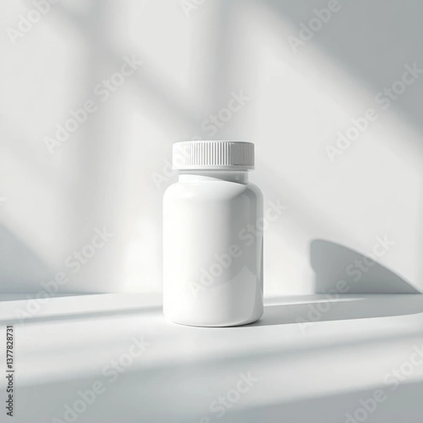 Fototapeta Minimal white bottle with shadows, standing on bright surface in natural daylight.
