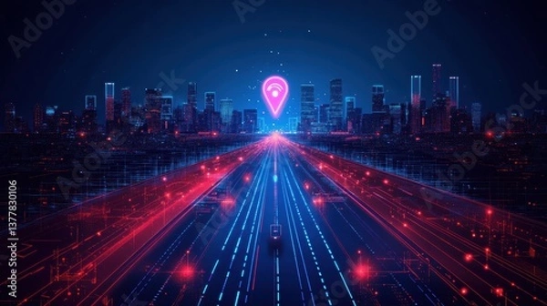 Obraz Illustration of digital city map with glowing location pin. AI tech in GPS navigation, innovation in delivery, transport logistics. Geolocation illustration concept for future business travel