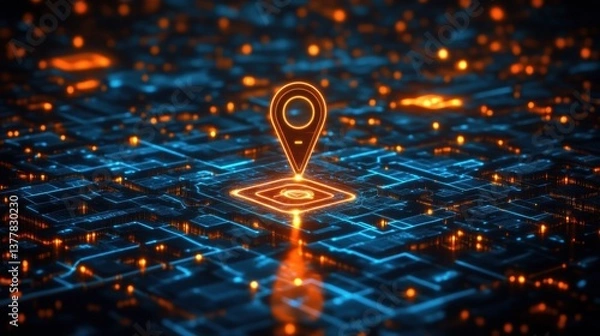 Obraz Illustration of digital city map with glowing location pin. AI tech in GPS navigation, innovation in delivery, transport logistics. Geolocation illustration concept for future business travel