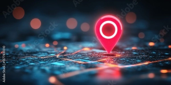 Obraz Illustration of digital city map with glowing location pin. AI tech in GPS navigation, innovation in delivery, transport logistics. Geolocation illustration concept for future business travel