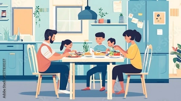 Fototapeta Family sitting at the table focused on enjoying a nutritious meal together without distractions