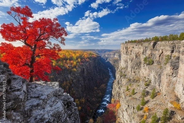 Obraz Autumnal canyon vista with vibrant red tree