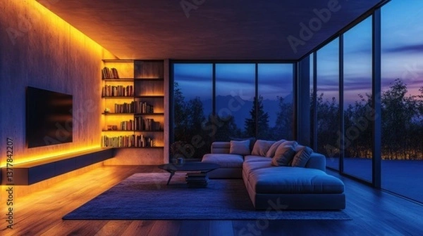 Obraz Modern living room with led strip lights. Contemporary house interior with comfortable sofa, table, bookshelf, tv. Stylish apartment design illuminated by blue, purple, yellow neon light, create cozy